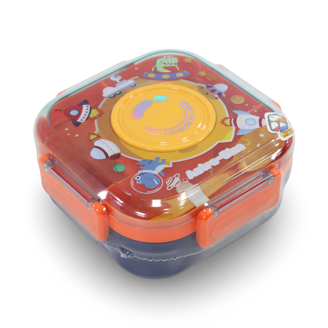 Astro-Dino Lunch Box with (Fork ,Spoon and Sauce Container) – Navy & Orange