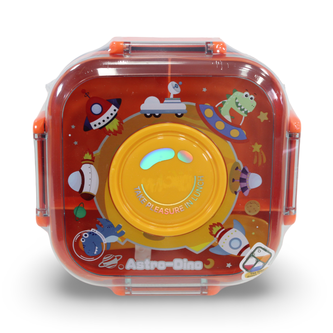 Astro-Dino Lunch Box with (Fork ,Spoon and Sauce Container) – Navy & Orange
