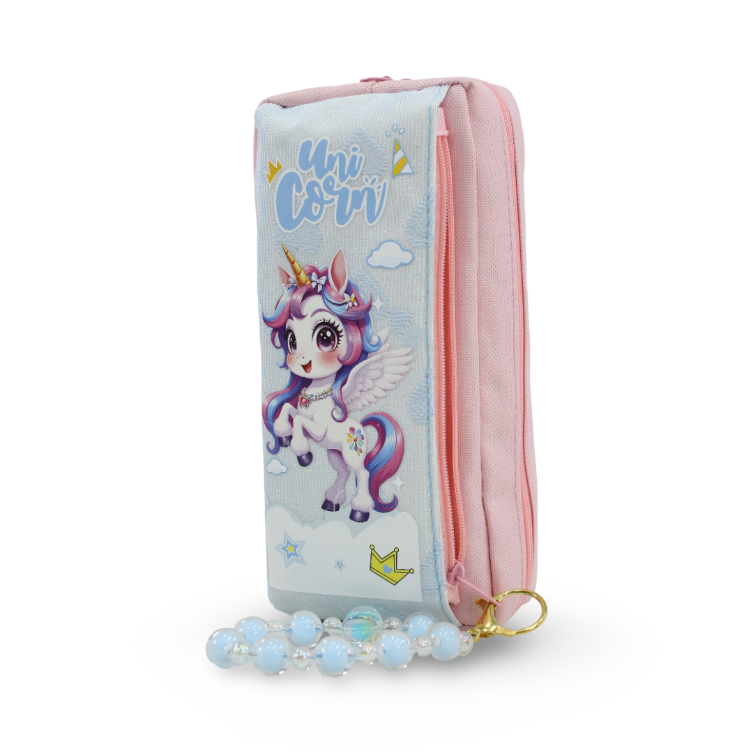 Unicorn Pencil Case with Beaded Keychain – Pink & Baby Blue