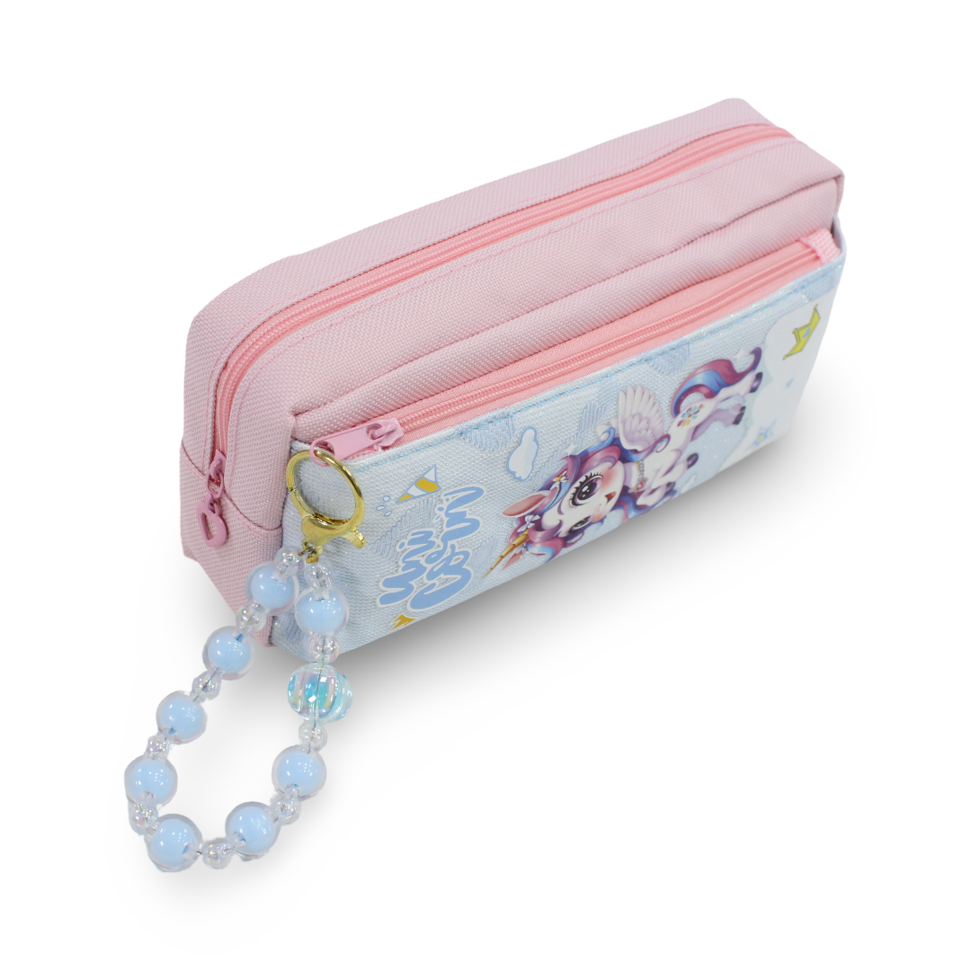 Unicorn Pencil Case with Beaded Keychain – Pink & Baby Blue