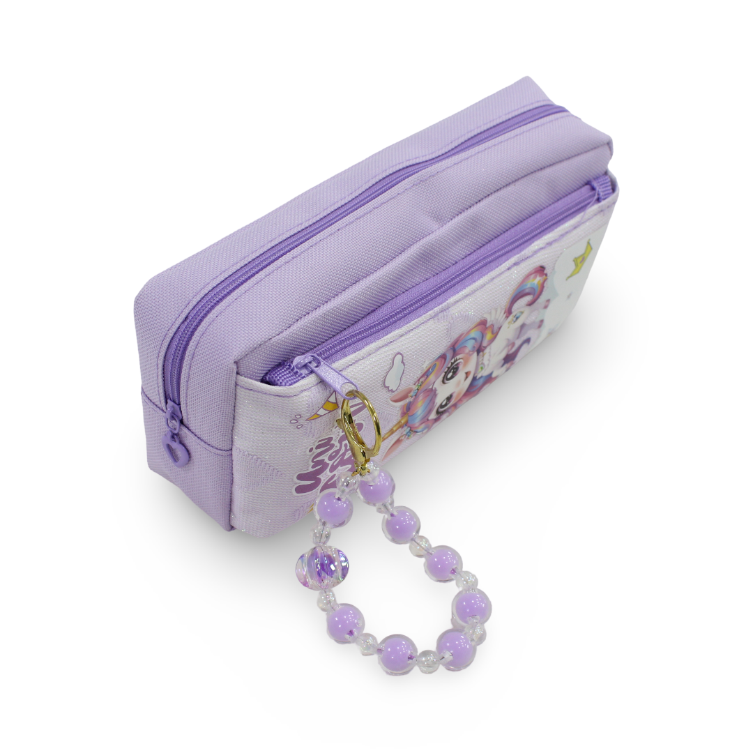 Unicorn Pencil Case with Beaded Keychain – Purple