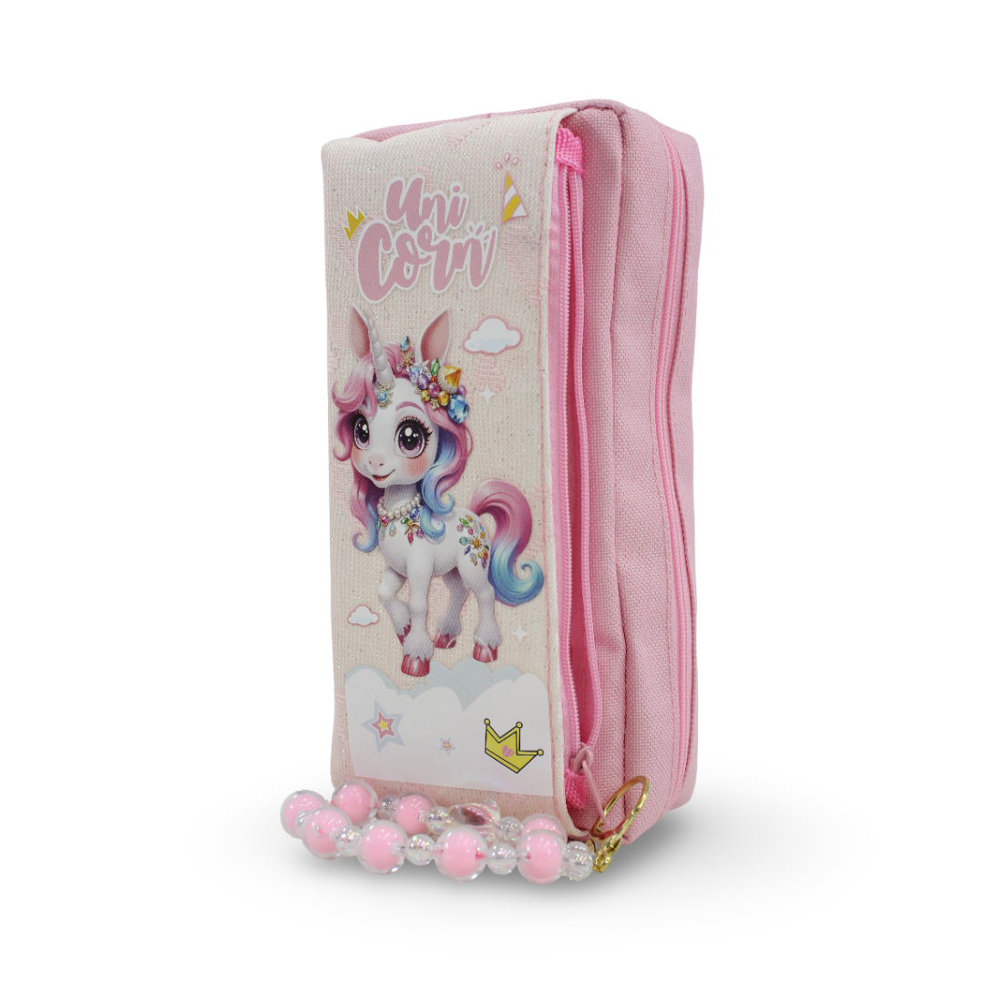 Unicorn Pencil Case with Beaded Keychain – Pink