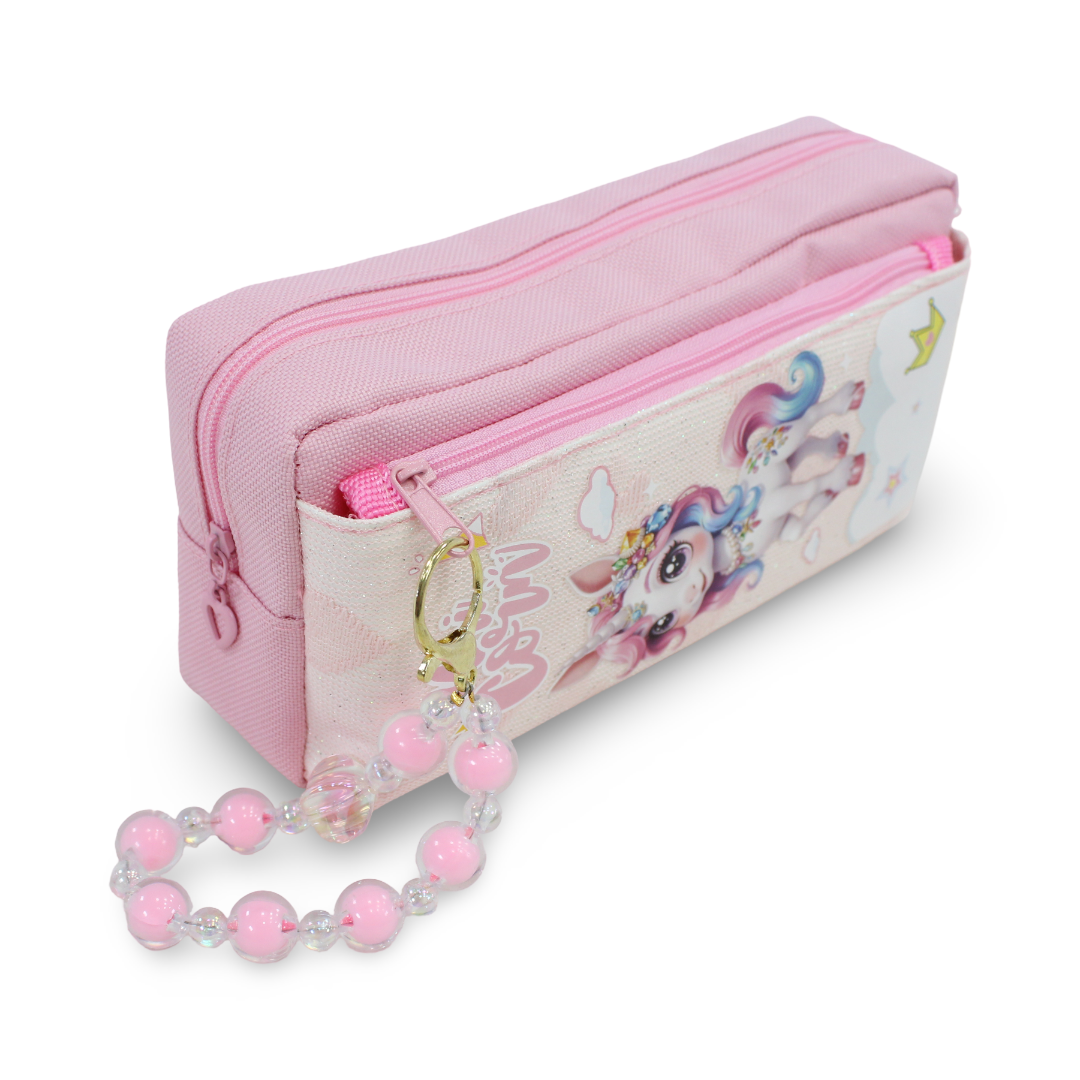 Unicorn Pencil Case with Beaded Keychain – Pink