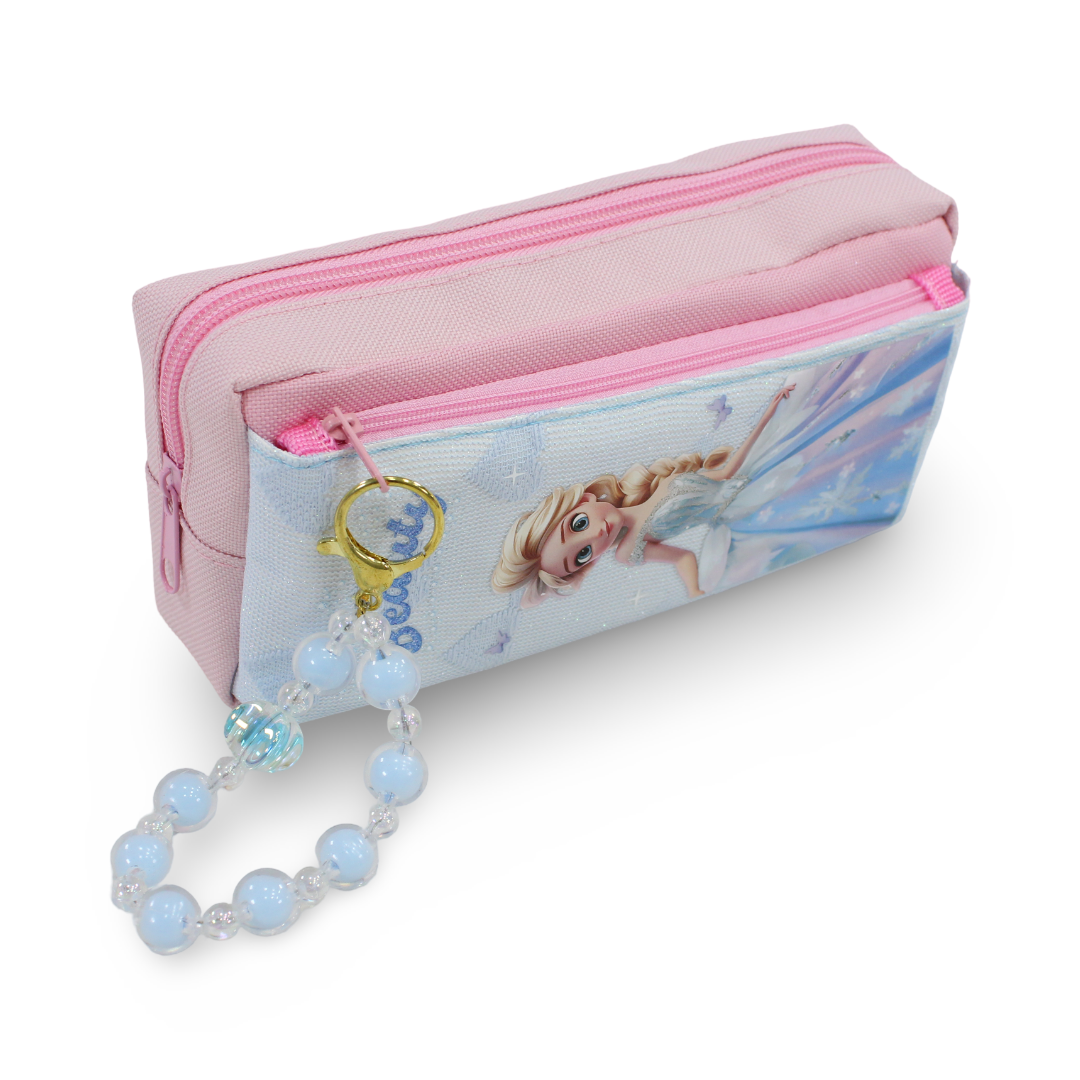 Frozen Pencil Case with Beaded Keychain – Baby Blue & Pink
