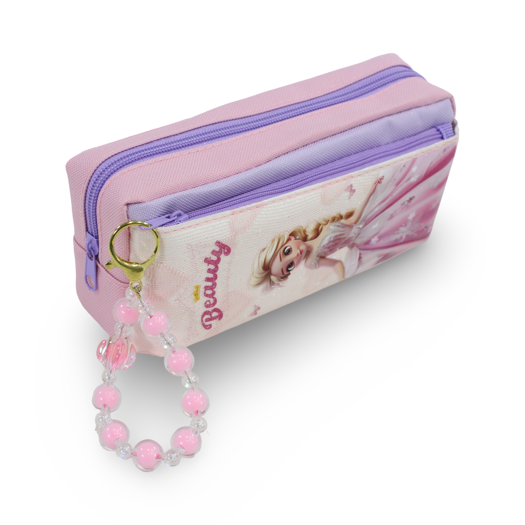 Frozen Pencil Case with Beaded Keychain – Pink