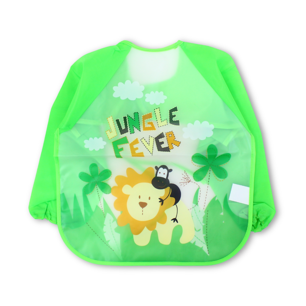Waterproof Long-Sleeved Baby Bib – Green with Lion Print