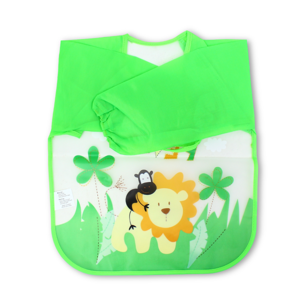 Waterproof Long-Sleeved Baby Bib – Green with Lion Print