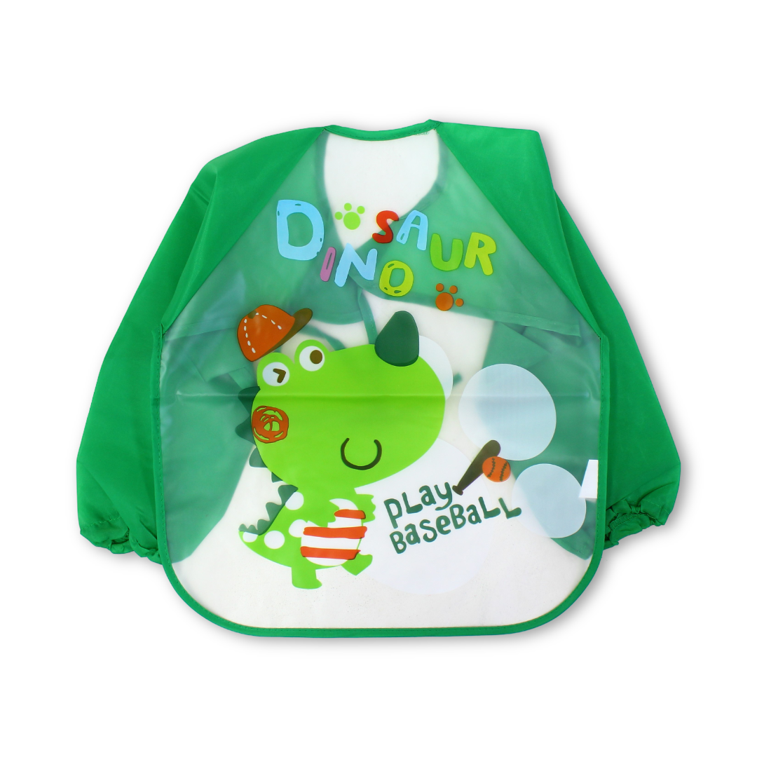 Waterproof Long-Sleeved Baby Bib – Green with Dino Print