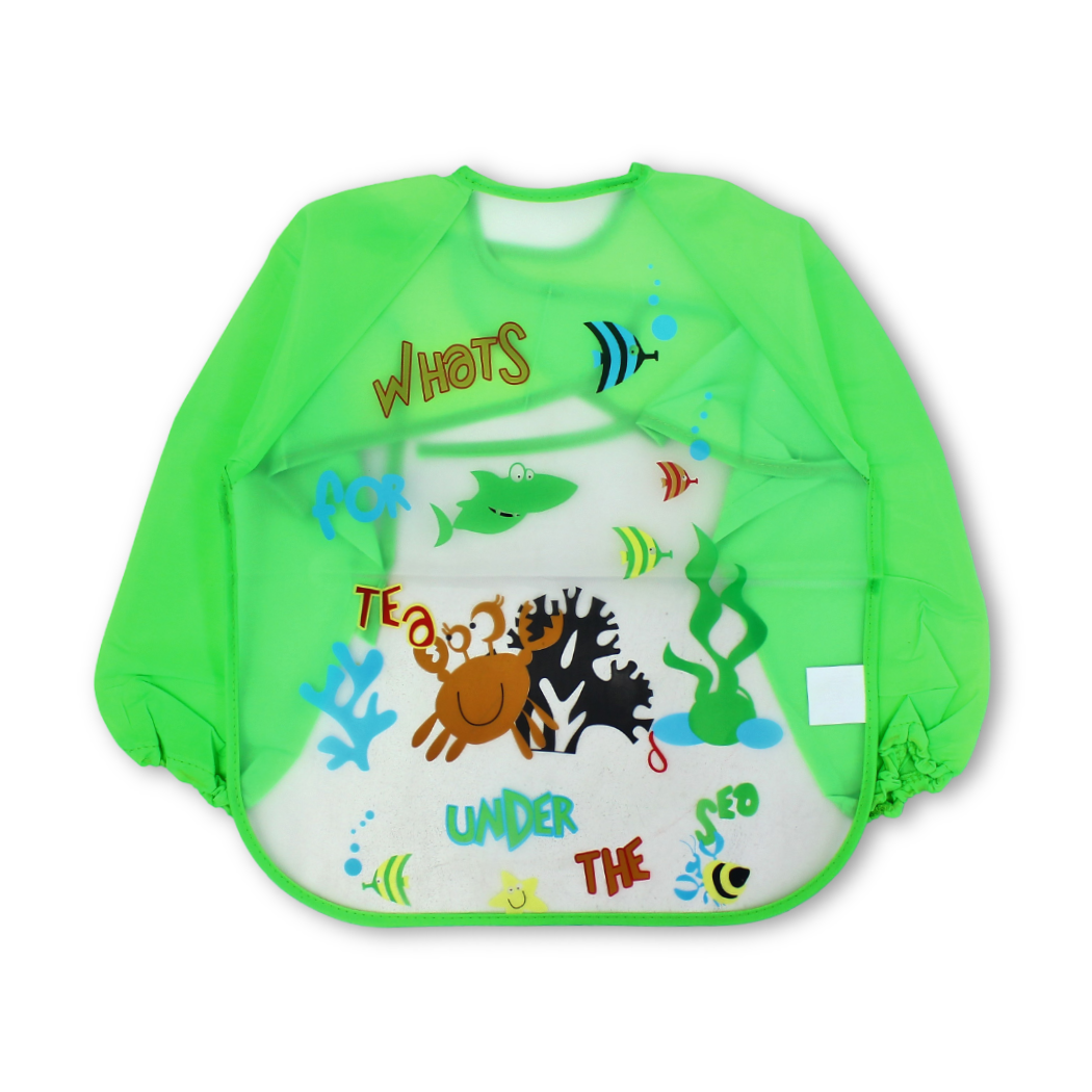 Waterproof Long-Sleeved Baby Bib – Green with Under the Sea Print