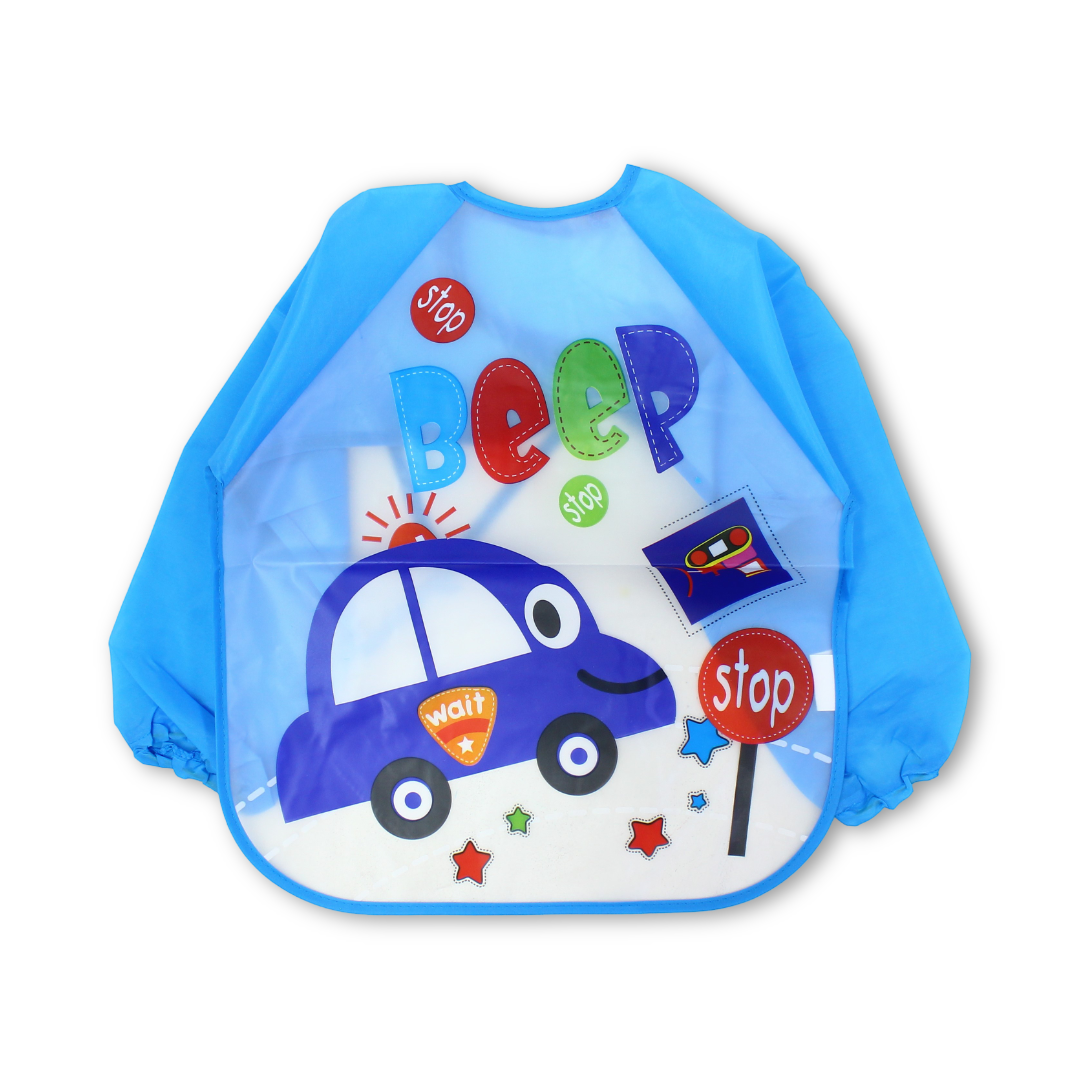 Waterproof Long-Sleeved Baby Bib – Baby Blue with Car Print