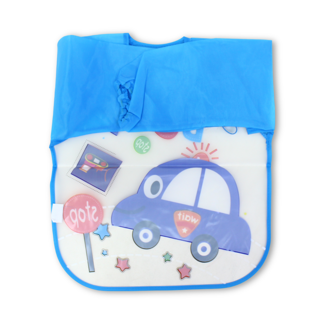 Waterproof Long-Sleeved Baby Bib – Baby Blue with Car Print