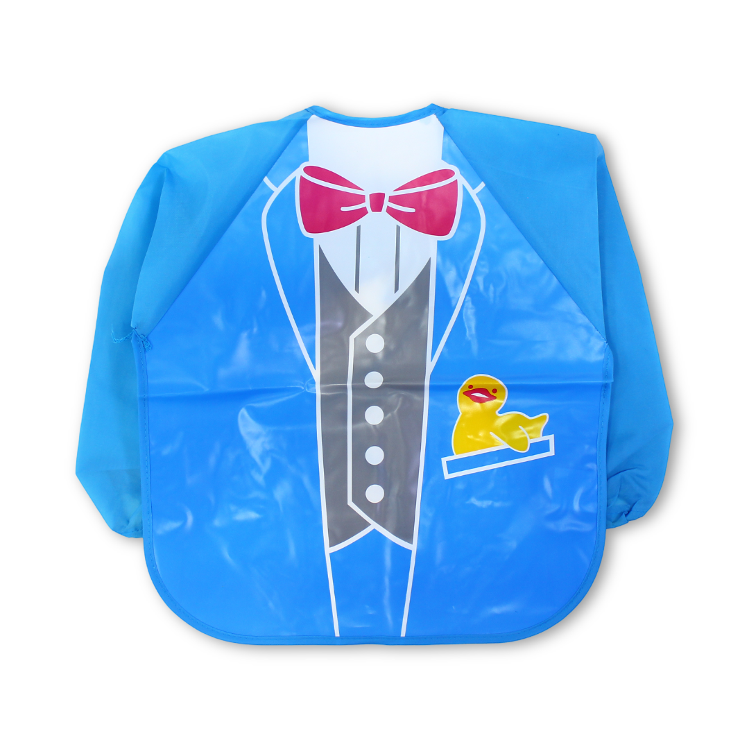 Waterproof Long-Sleeved Baby Bib – Baby Blue with Bow Tie Print
