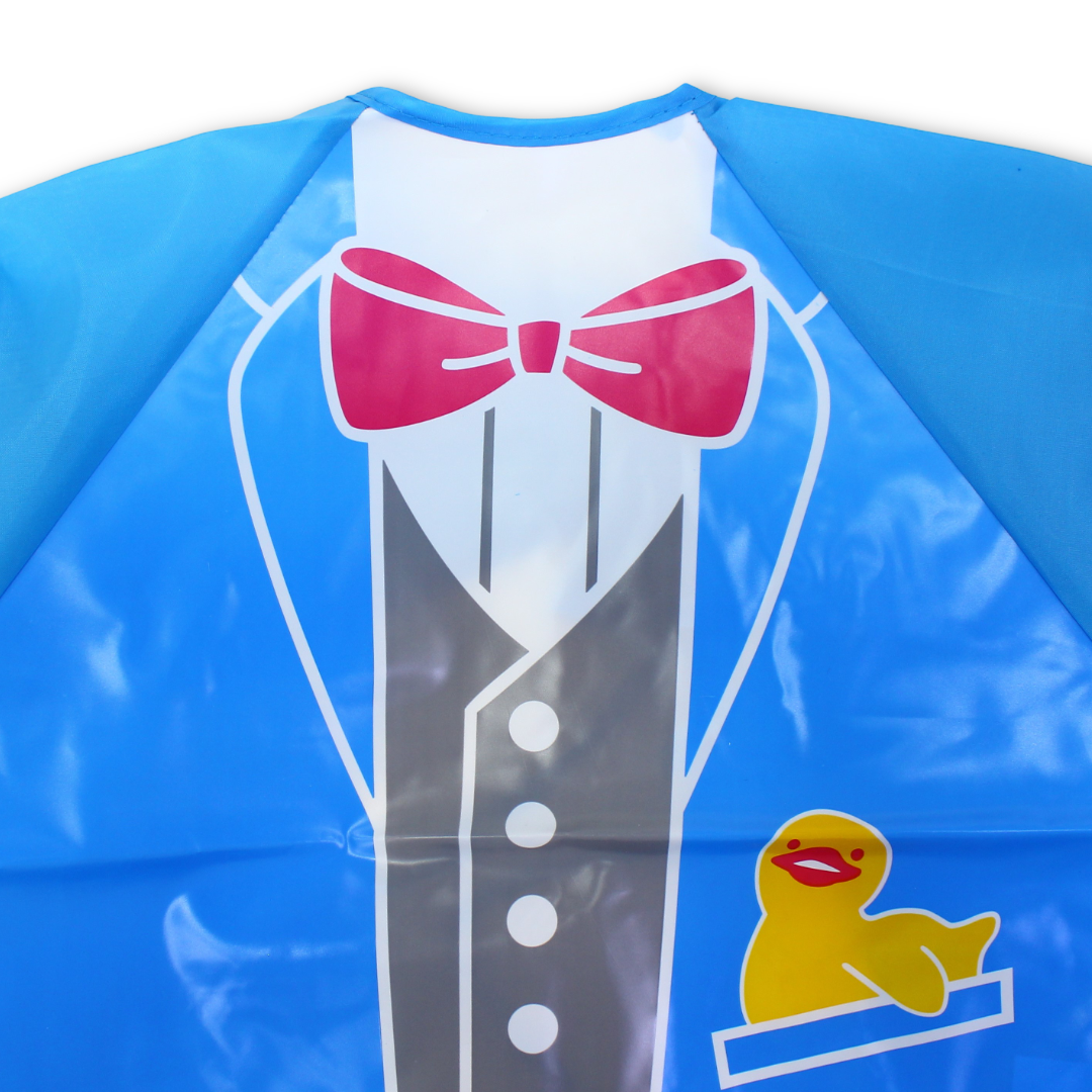Waterproof Long-Sleeved Baby Bib – Baby Blue with Bow Tie Print