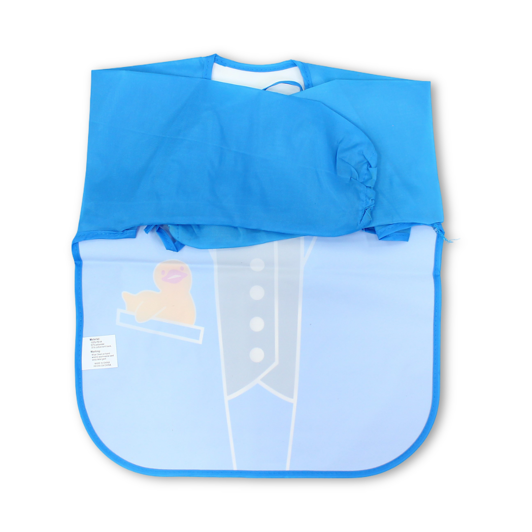 Waterproof Long-Sleeved Baby Bib – Baby Blue with Bow Tie Print