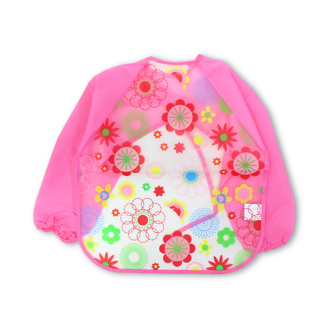 Waterproof Long-Sleeved Baby Bib – Pink with Flowers Print