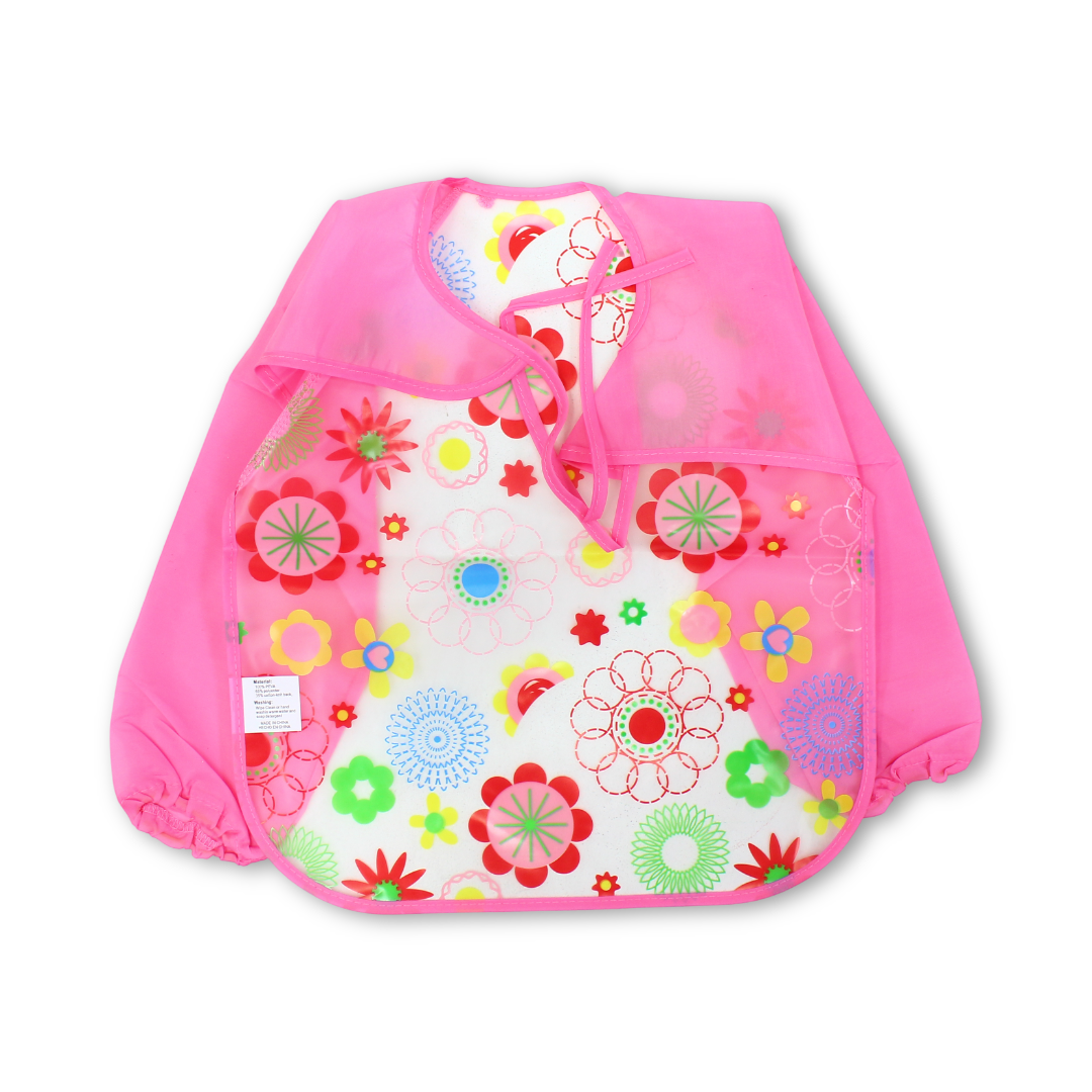 Waterproof Long-Sleeved Baby Bib – Pink with Flowers Print
