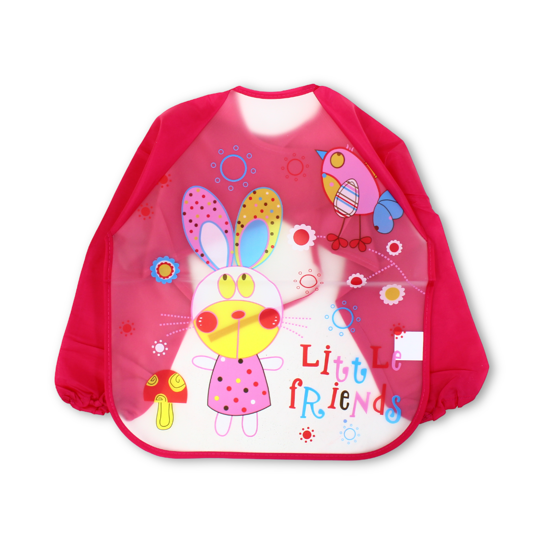 Waterproof Long-Sleeved Baby Bib – Fuchsia with Bunny Print