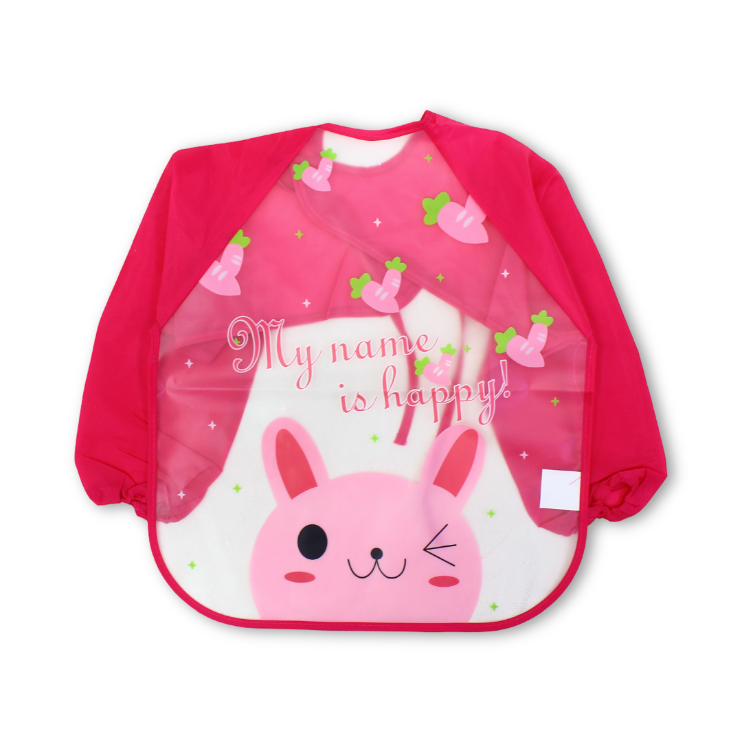 Waterproof Long-Sleeved Baby Bib – Fuchsia with Rabbit Print