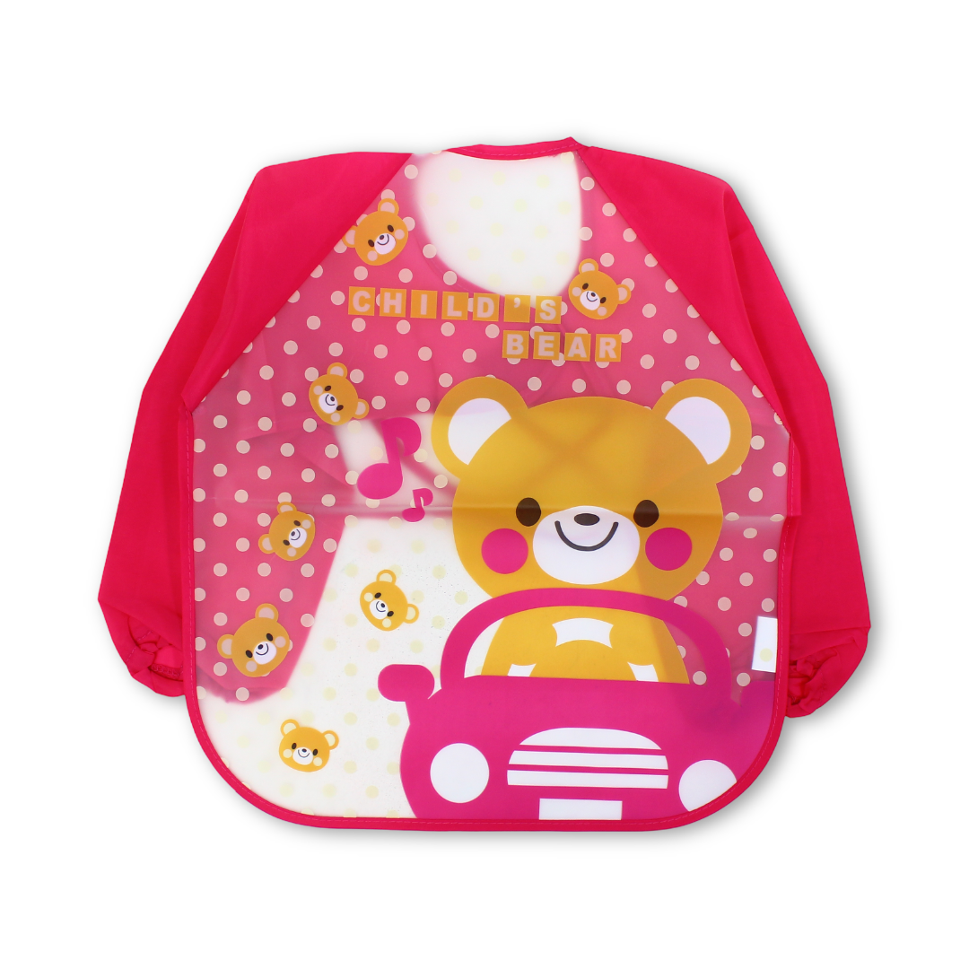 Waterproof Long-Sleeved Baby Bib – Fuchsia with Teddy Bear Print