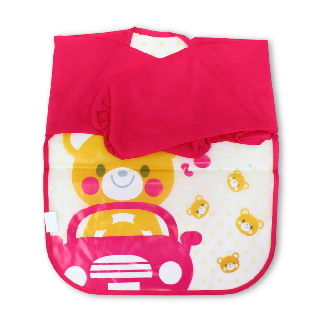 Waterproof Long-Sleeved Baby Bib – Fuchsia with Teddy Bear Print