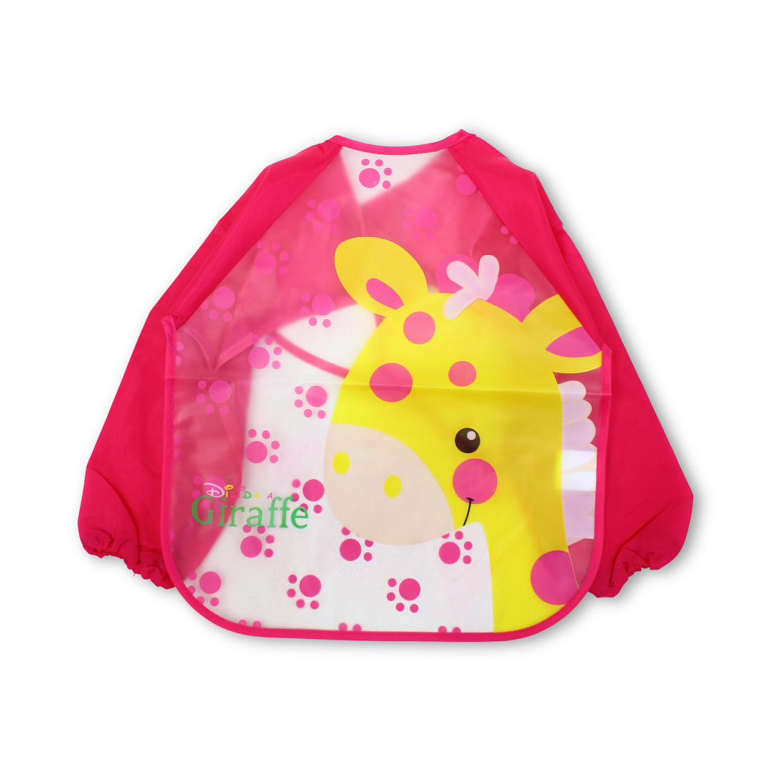 Waterproof Long-Sleeved Baby Bib – Fuchsia with Giraffe Print