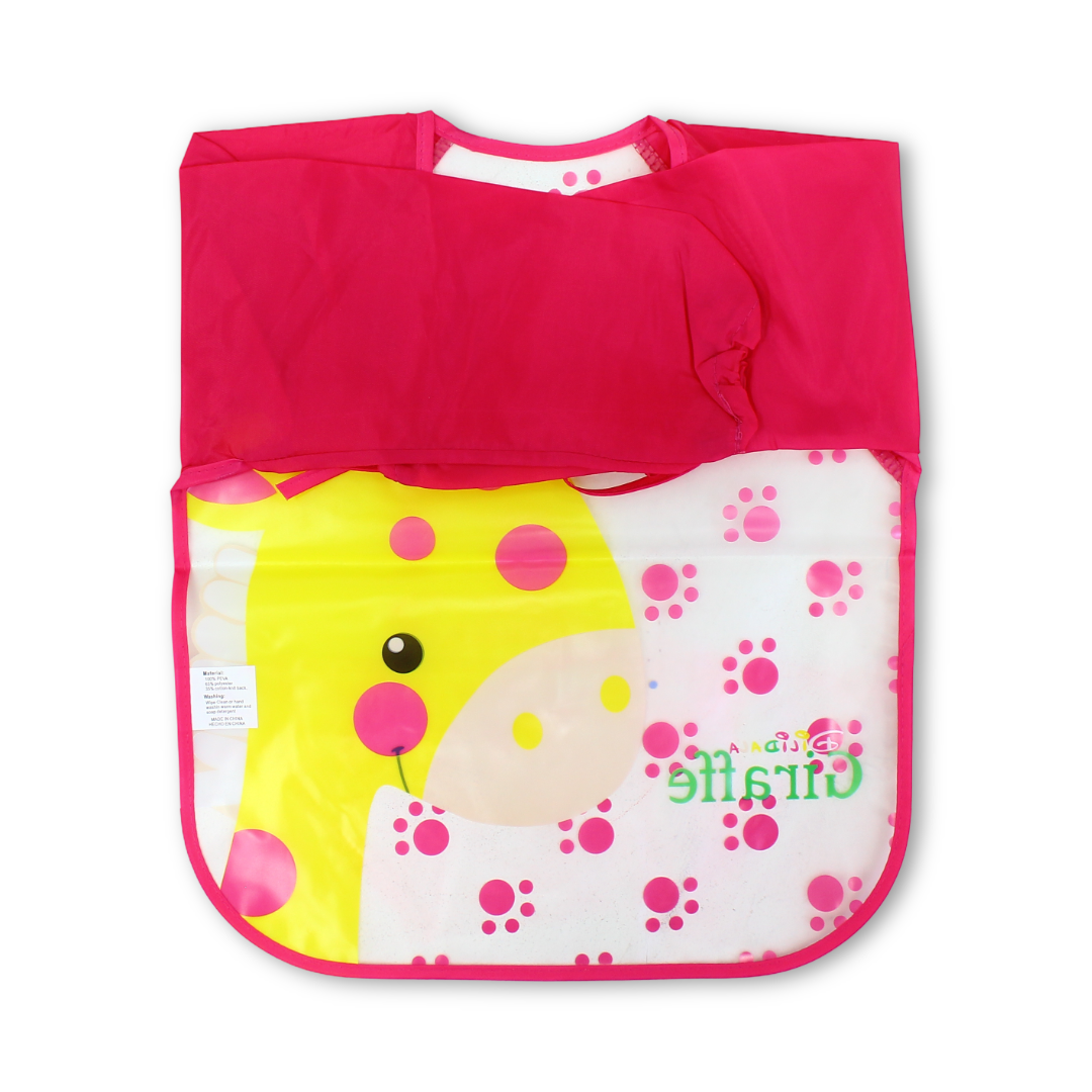 Waterproof Long-Sleeved Baby Bib – Fuchsia with Giraffe Print