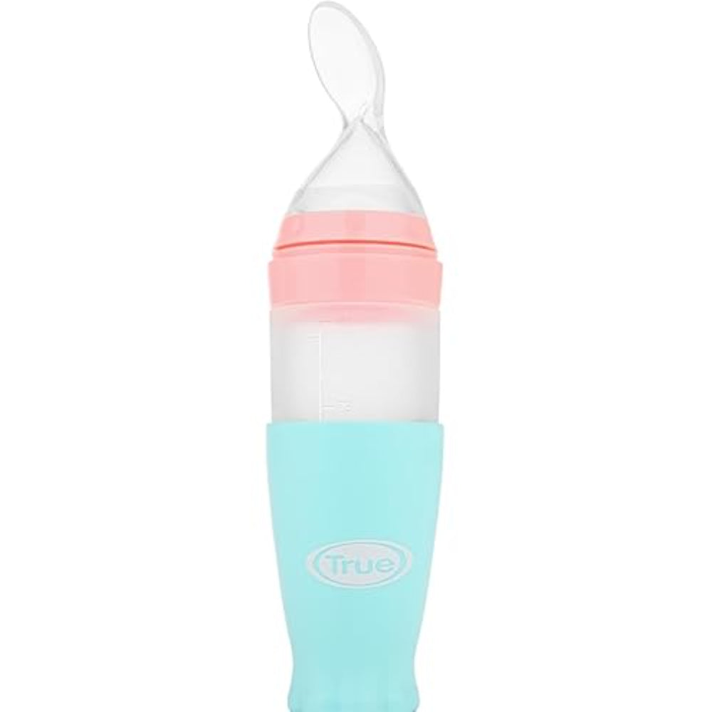 True Gold Silicone Feeding Bottle with Spoon – Aqua - Baby Essentials