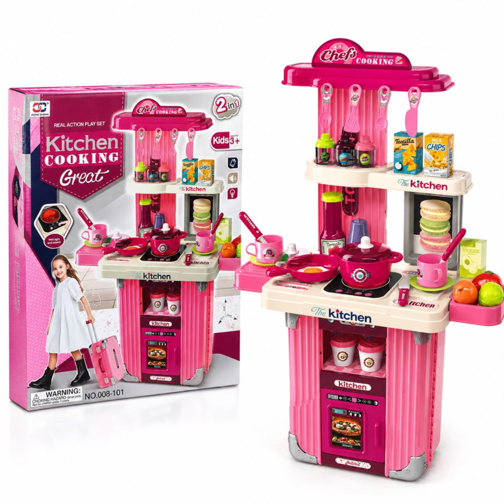 2-in-1 Rolling Kitchen Play Set with Light & Sound – Pink