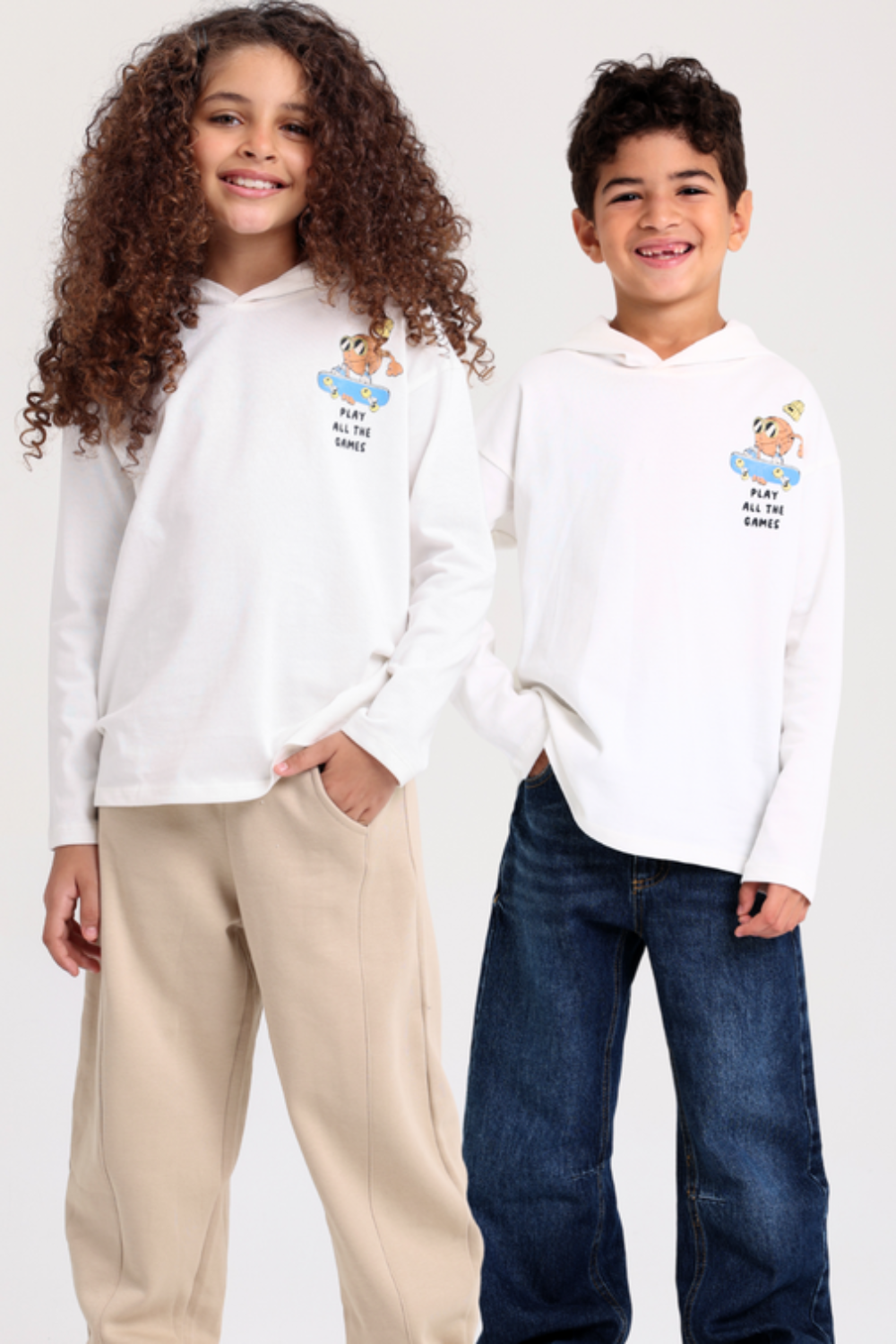 Girls Cotton Hoodie – Off-White with "Play All The Games" Print