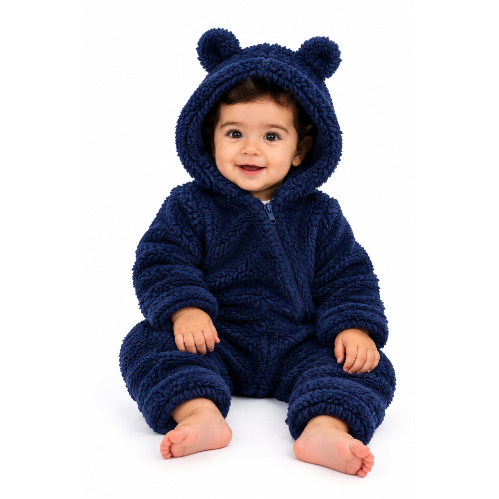 Unisex Baby Fleece Hooded Baby Onesie – Navy with Teddy Design