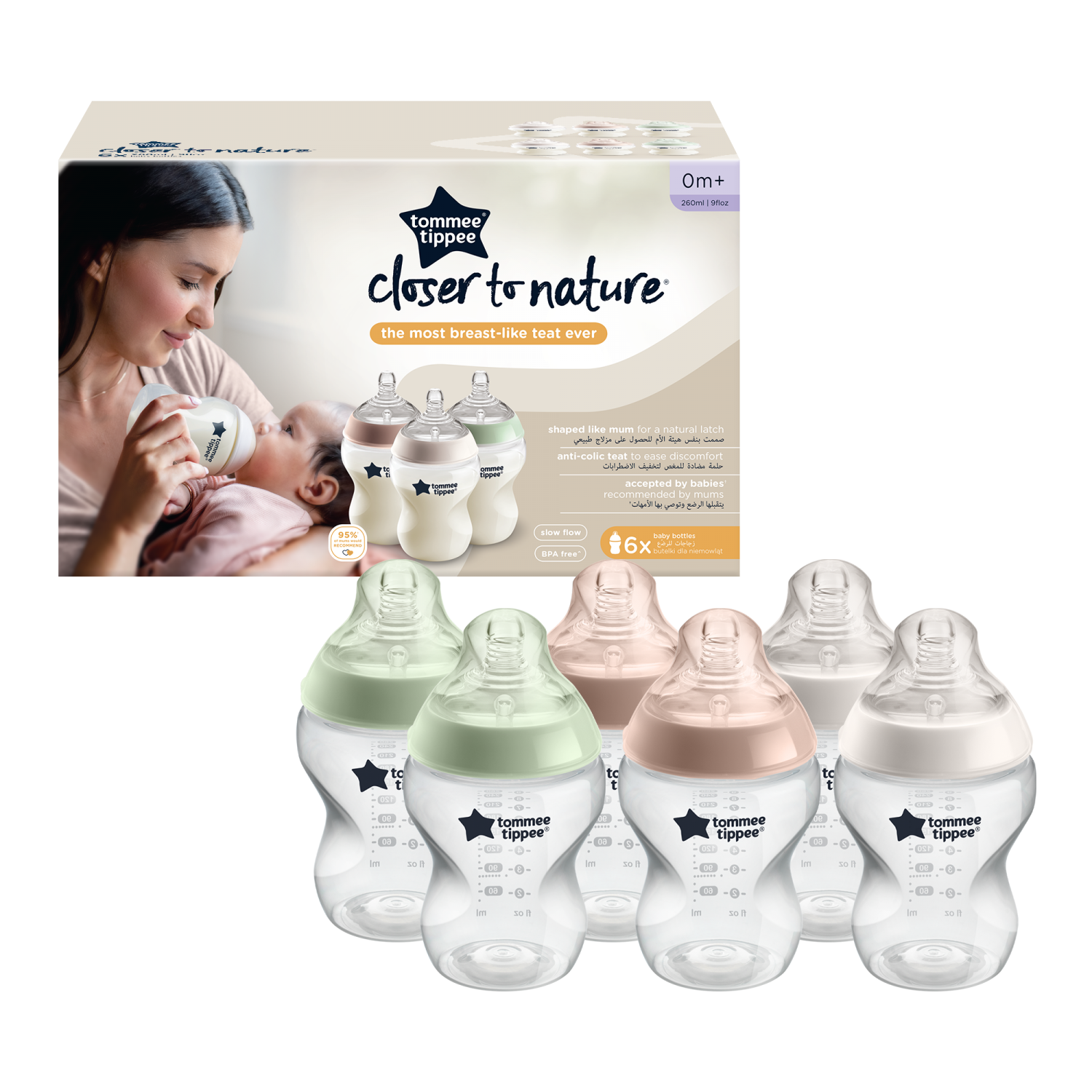 Feeding Bottles Pastel 6x260ml – Natural Start Anti-Colic Baby Bottles