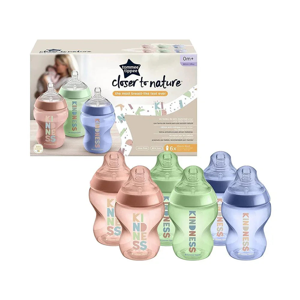 Pack of 6 - Tommee Tippee Kindness Closer to Nature Baby Bottles 260ml - Baby Essentials