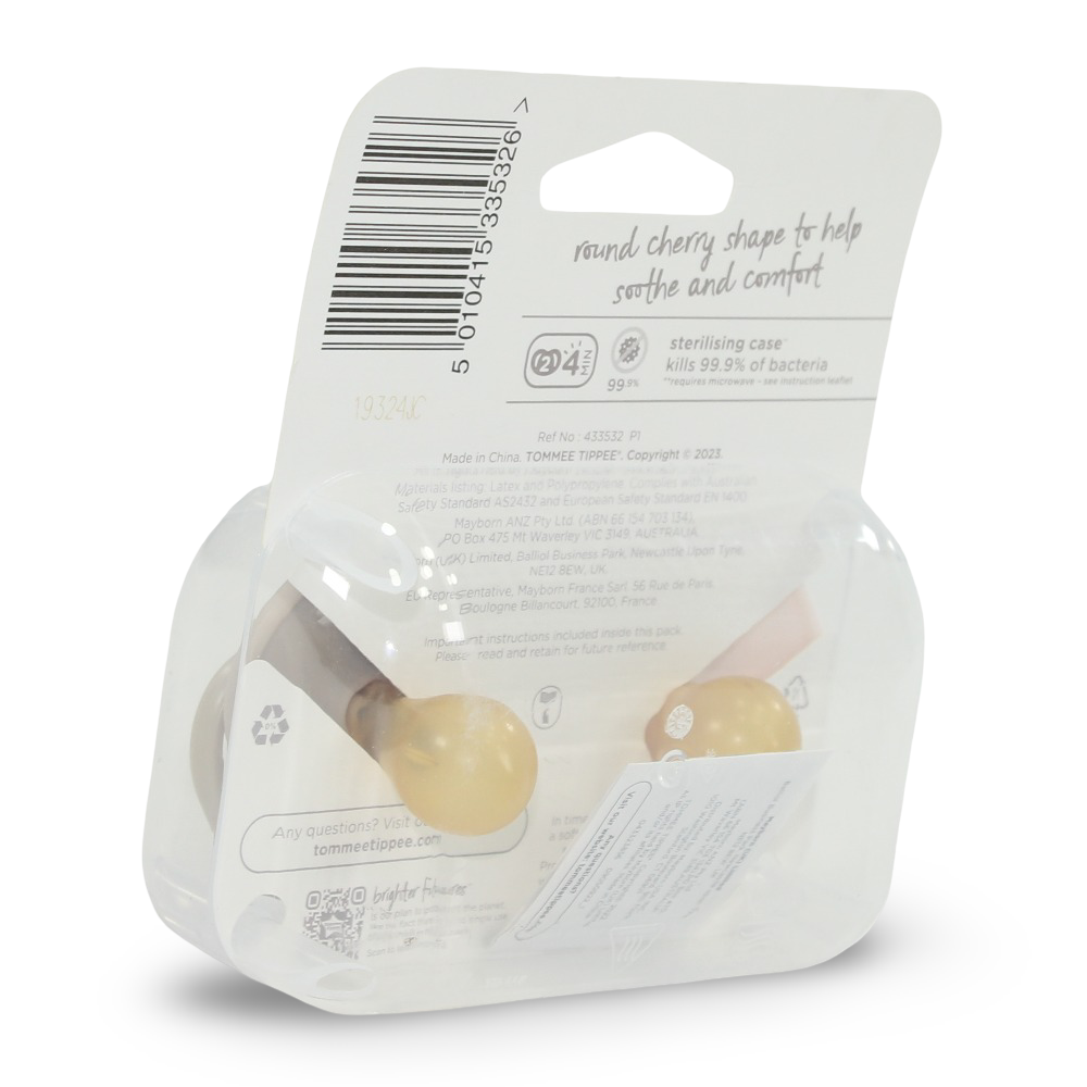 Tommee Tippee Natural Latex Cherry Soother – 0–6 Months (Pack of 2)