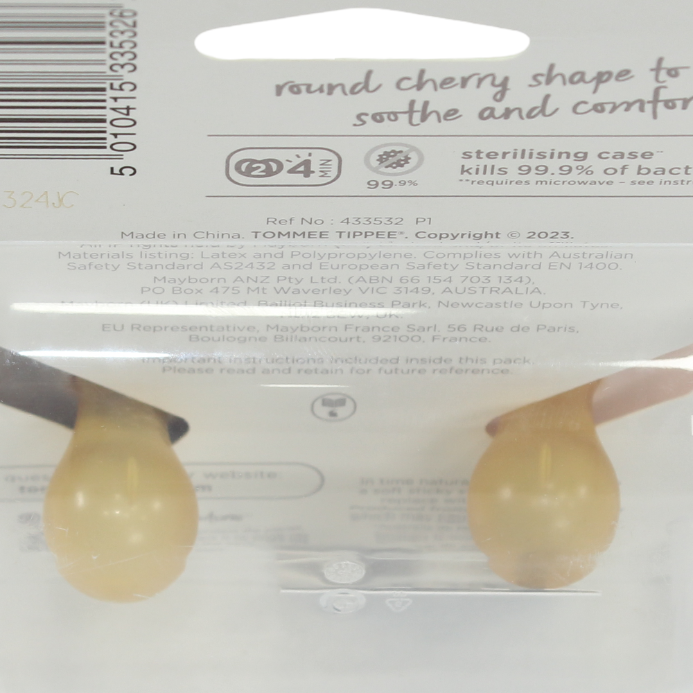 Tommee Tippee Natural Latex Cherry Soother – 0–6 Months (Pack of 2)