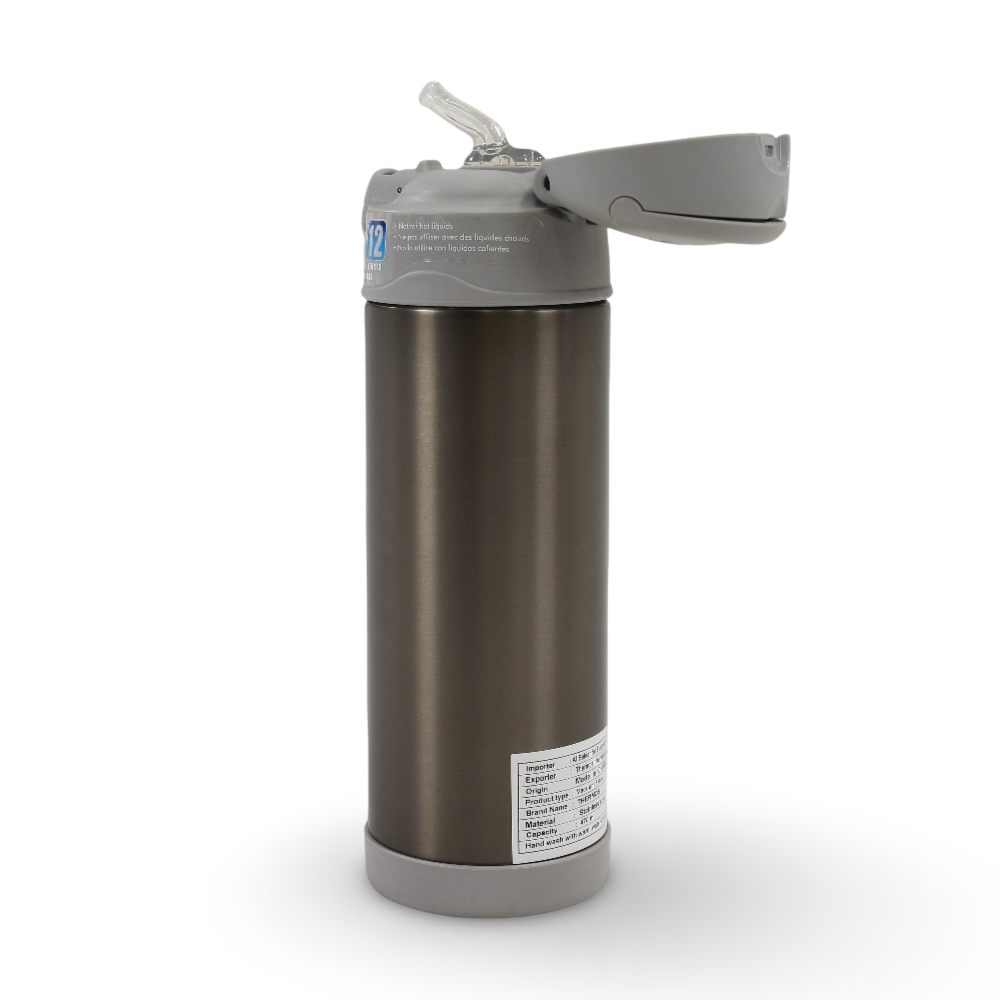 Thermos Bottle 470ml – Gray Stainless Steel & Straw Lid