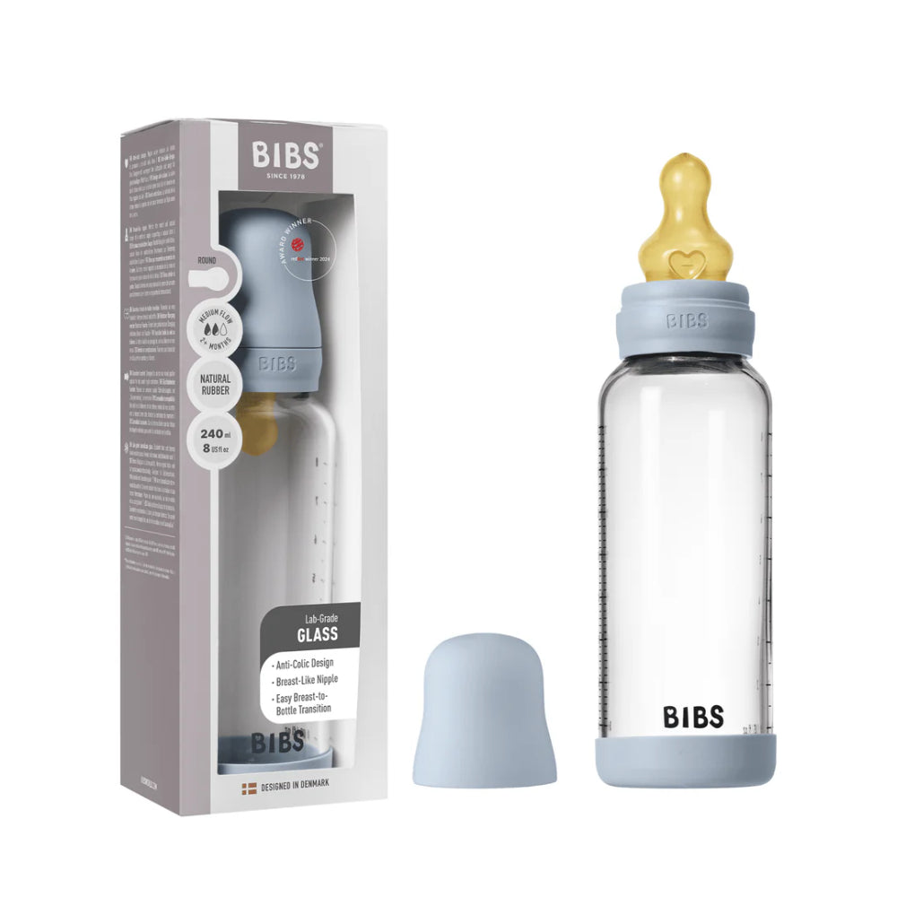 BIBS Glass Baby Bottle Round Latex - 1 pack 240 ml Medium Flow Baby Blue - Baby Essentials