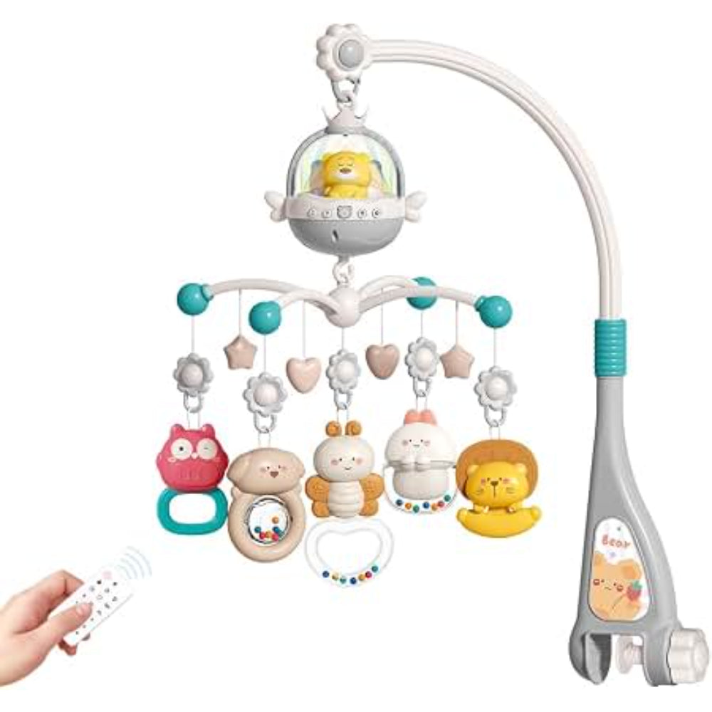 Musical Baby Crib Mobile Set with Hanging Animal Rattles – Grey