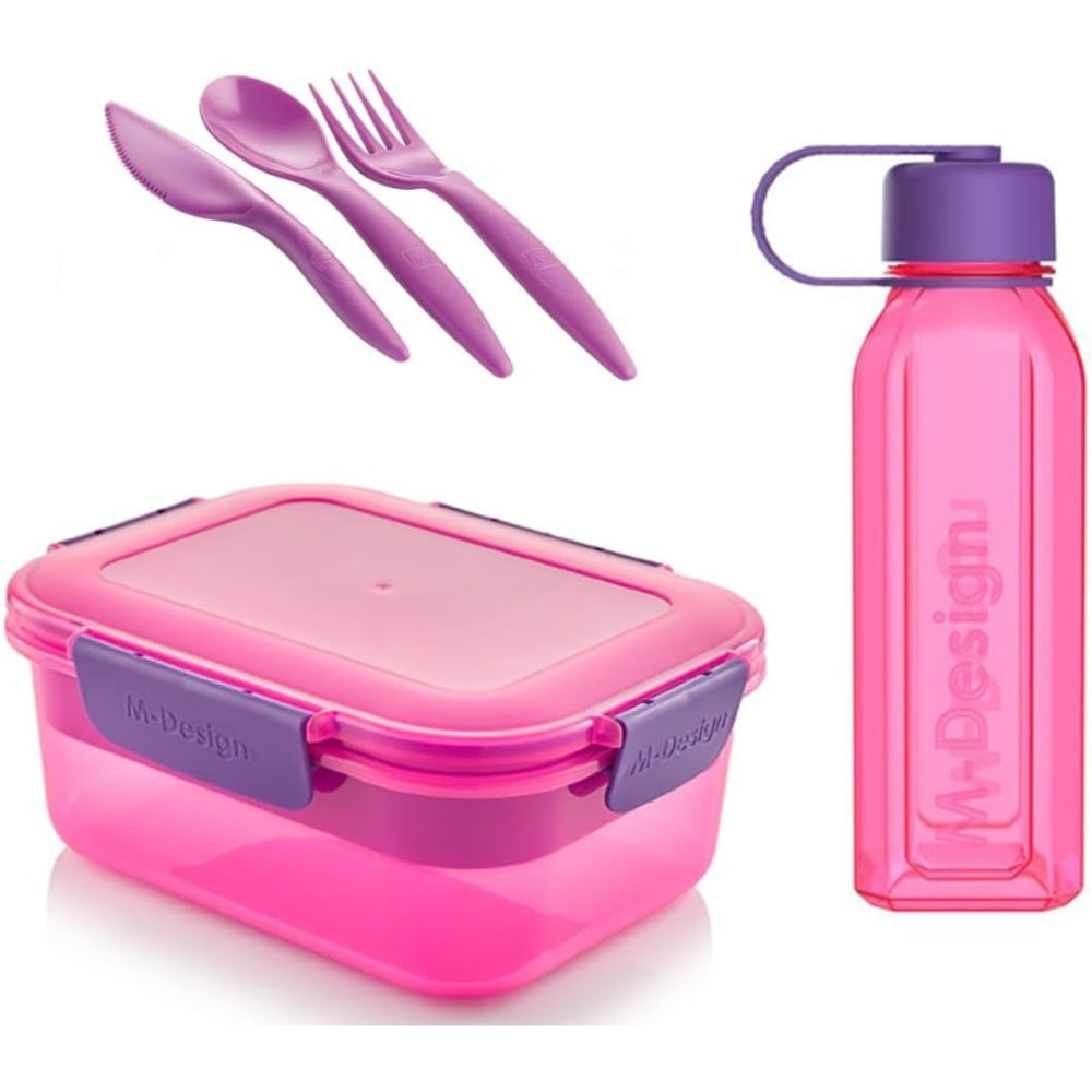 M-Design Lunch Set (1.6L Lunch Box, 650ml Water Bottle & Cutlery Set) – Pink