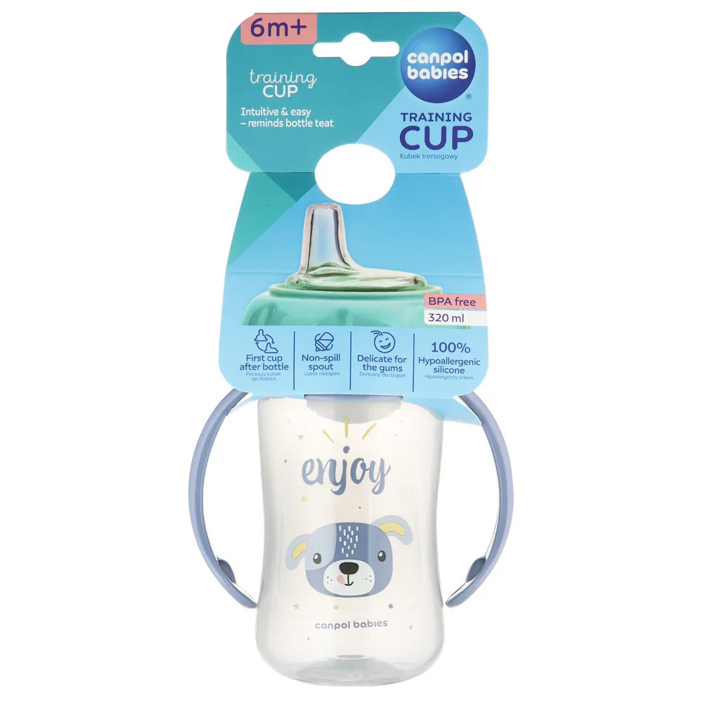 Canpol Babies Training Cup with Silicone Spout 320ml – Blue Dog (6m+) - Baby Essentials