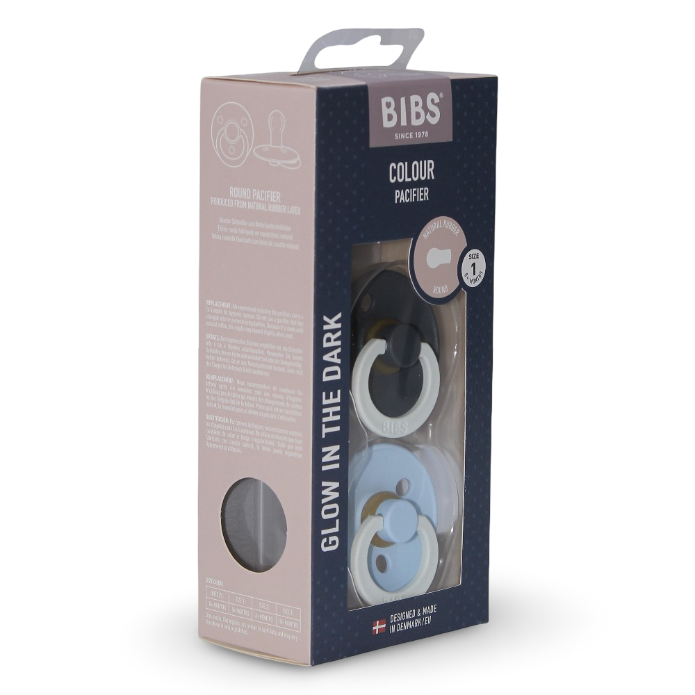 BIBS Colour Glow in the Dark Pacifier (Pack of 2) – Latex Size 1 Iron/Baby Blue 0m+