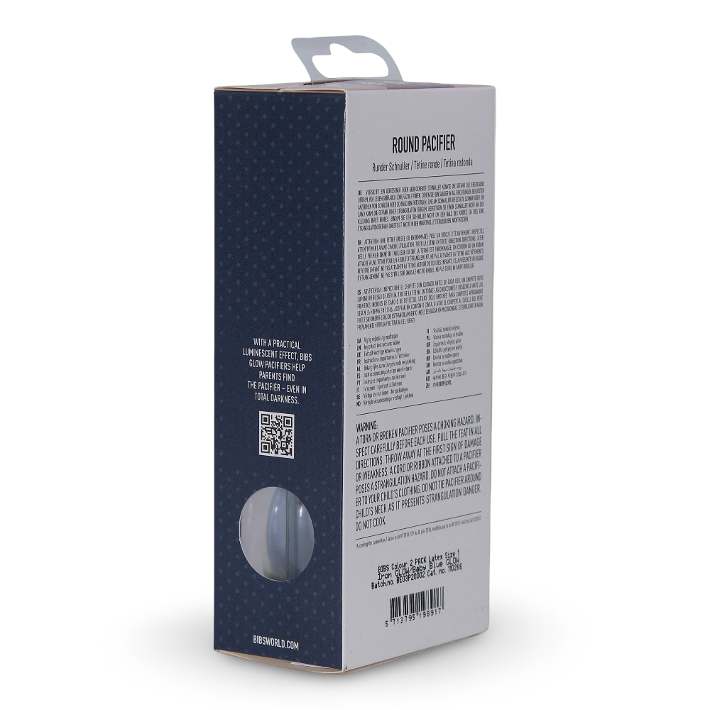 BIBS Colour Glow in the Dark Pacifier (Pack of 2) – Latex Size 1 Iron/Baby Blue 0m+