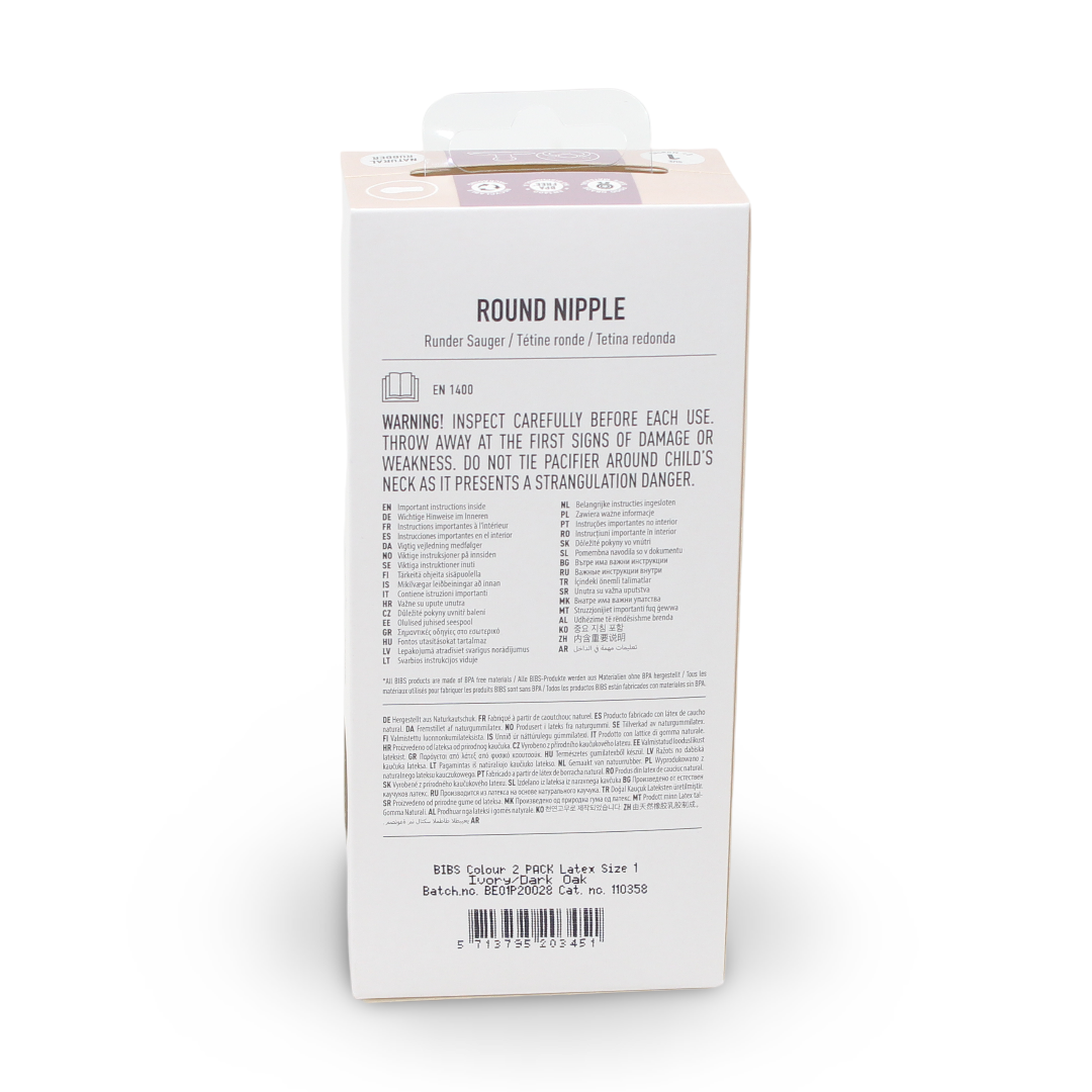 BIBS Pacifier Colour 2 Pack – Latex Size 1 Ivory/Dark Oak