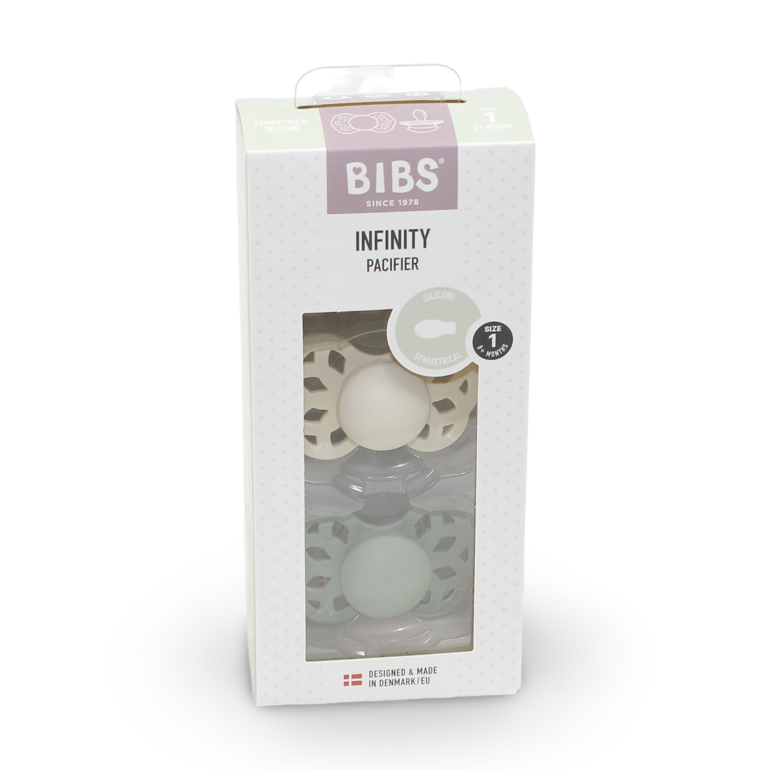 BIBS Pacifier Infinity 2 Pack – Symmetrical Silicone Size 1 Ivory/Sage - Baby Essentials