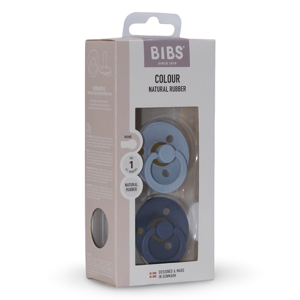 BIBS Colour Natural Rubber Pacifier Pack of 2  – Latex Size 1 Dusty Blue/Steel Blue