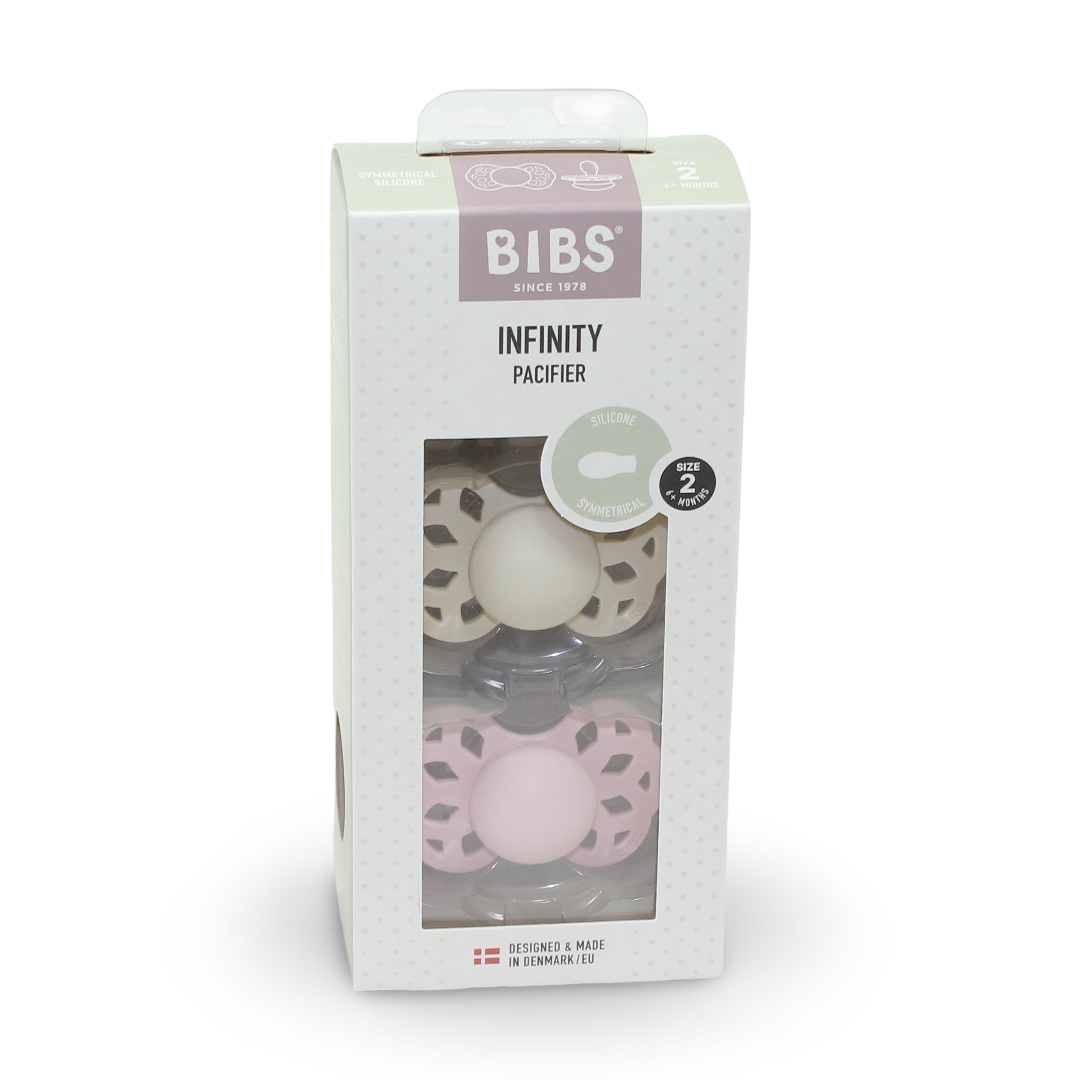 BIBS Pacifier Infinity 2 Pack – Symmetrical Silicone Size 2 Ivory/Blossom - Baby Essentials