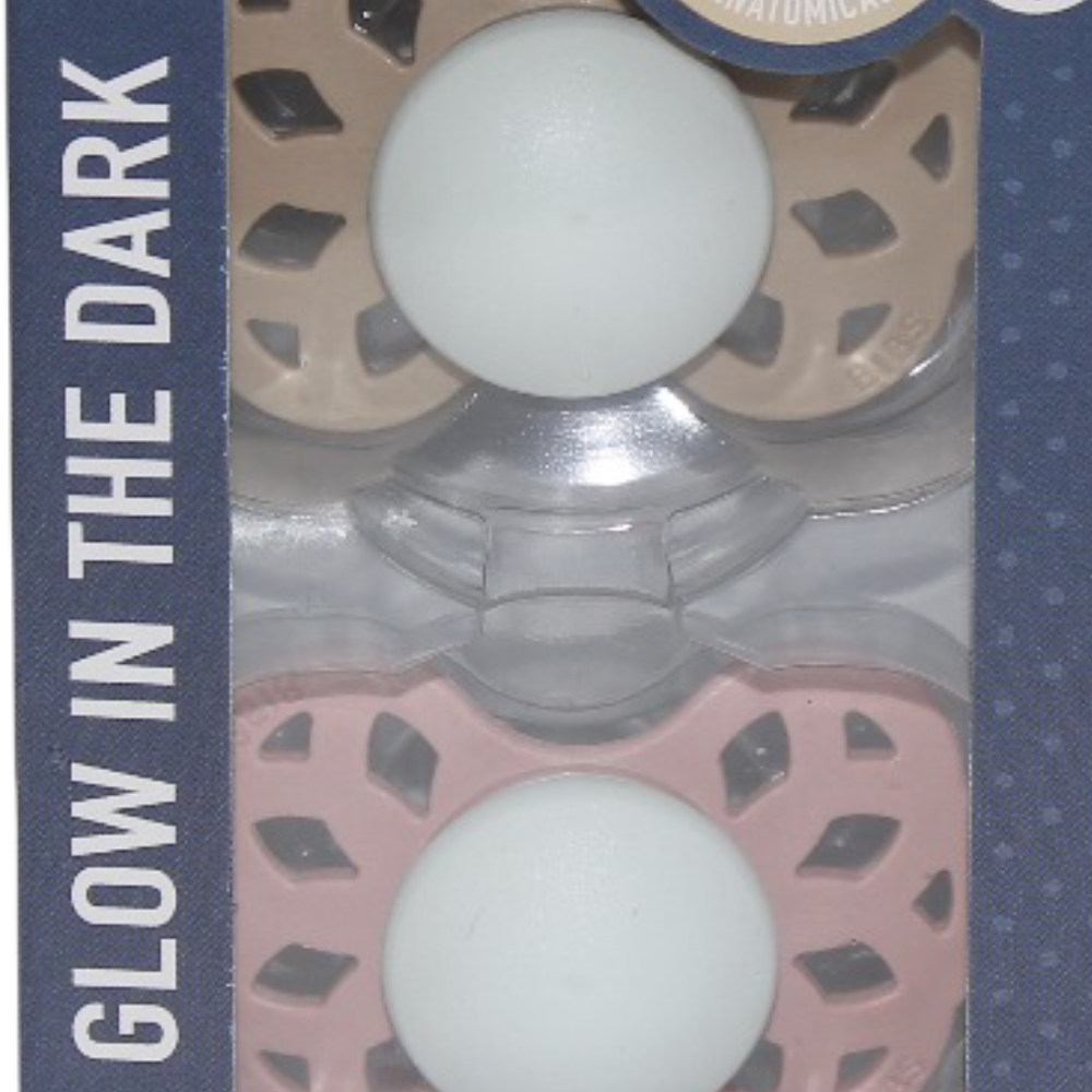 BIBS Glow in the Dark Infinity Pacifier Pack of 2 – Anatomical Silicone Size 1 Vanilla Glow/Blush Glow