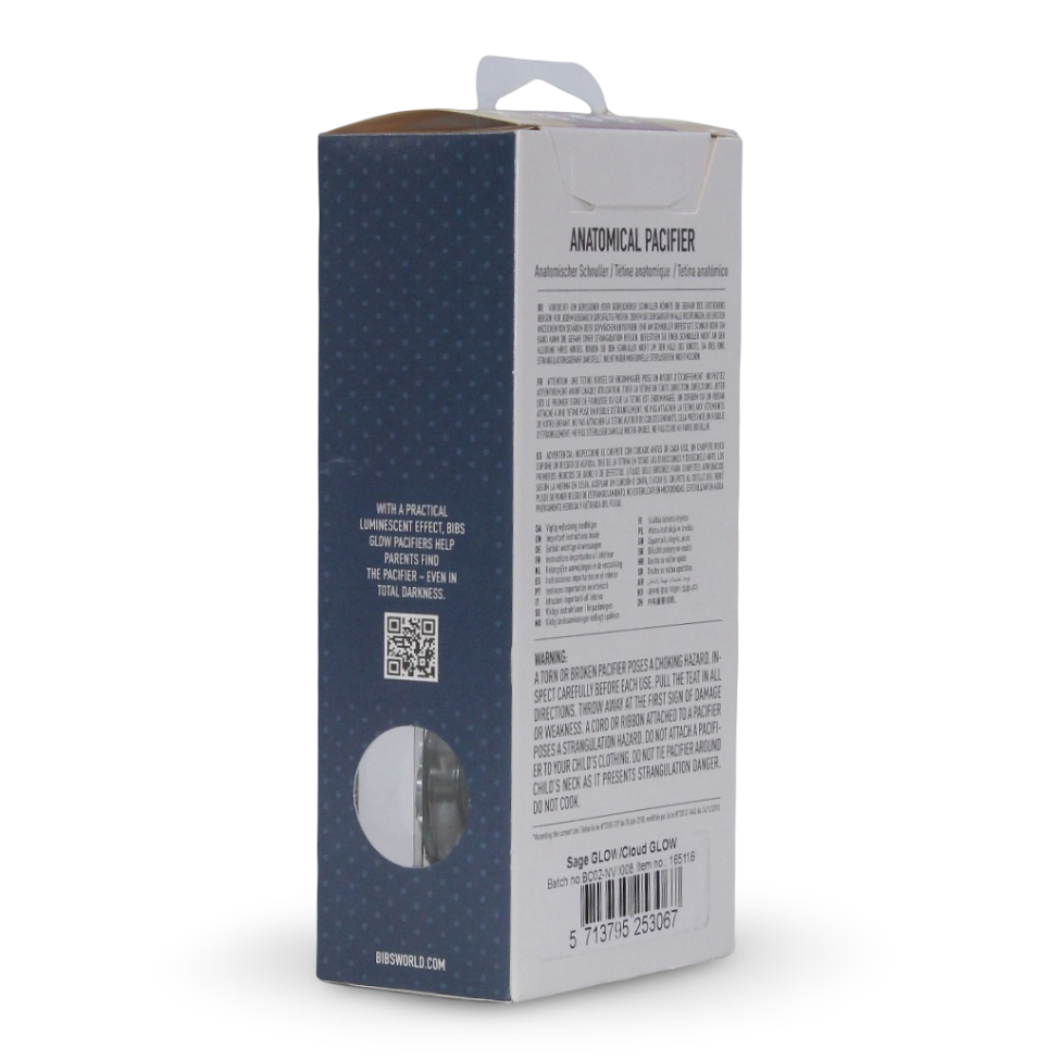 BIBS Glow in the Dark Infinity Pacifier Pack of 2 – Anatomical Silicone Size 1 Sage Glow/Cloud Glow