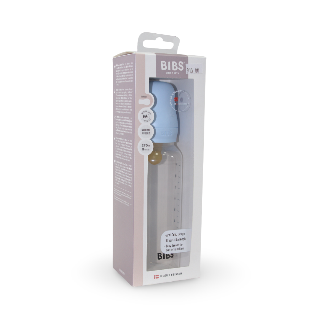 BIBS Baby Bottle Round Latex 1 Pack Medium Flow 270ml – Baby Blue