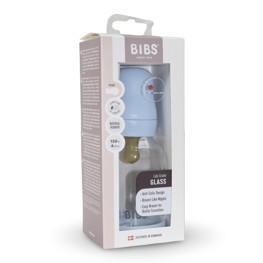 BIBS Glass Baby Bottle Round Latex - 1 pack 120 ml Slow Flow Baby Blue