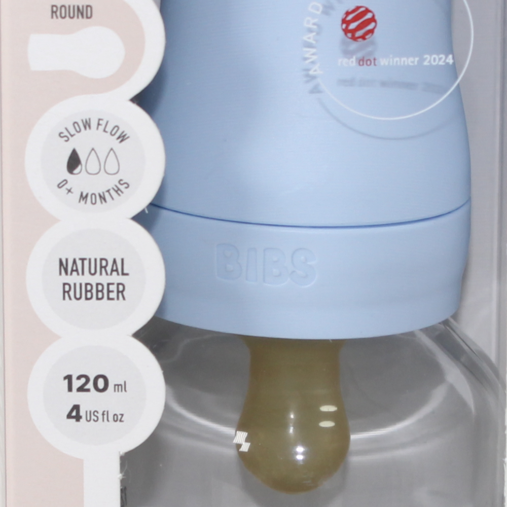 BIBS Glass Baby Bottle Round Latex - 1 pack 120 ml Slow Flow Baby Blue